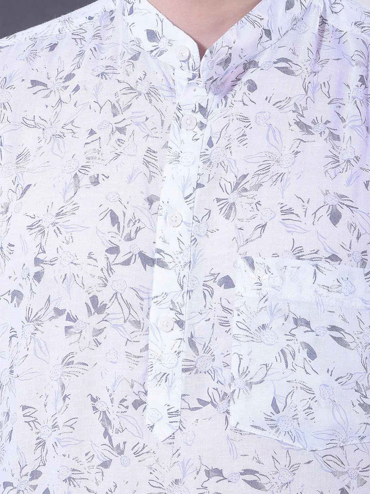 White Floral Print Linen Kurta