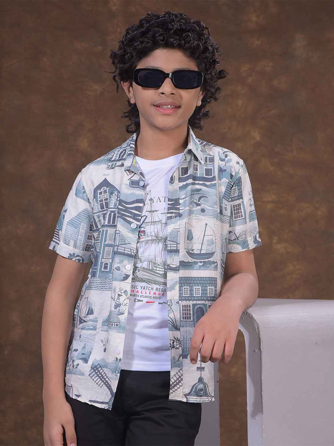 Blue Motif Print Shirt & Tee Set Layered Look