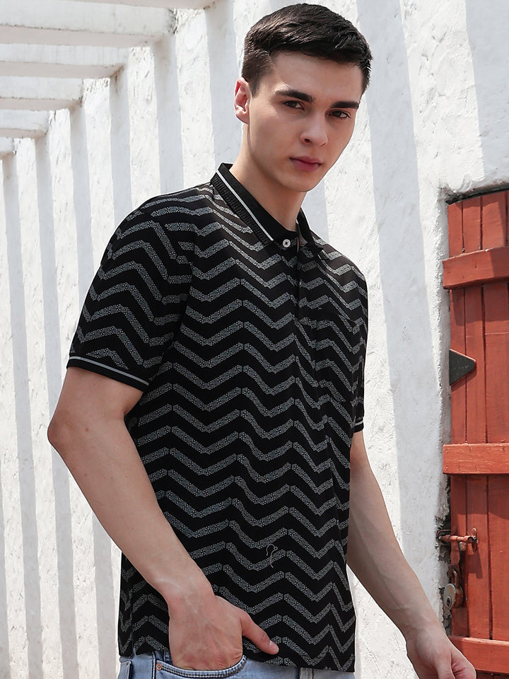 Black Printed Polo Neck 100% Cotton T-Shirt