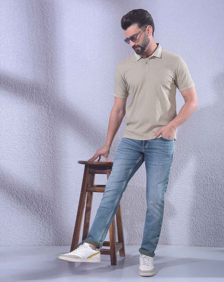 Beige Jacquard Polo Neck T-Shirt
