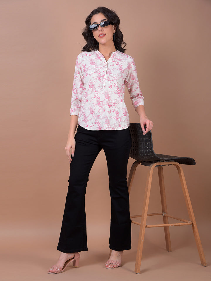 Pink Floral Print V-Neck Linen Top