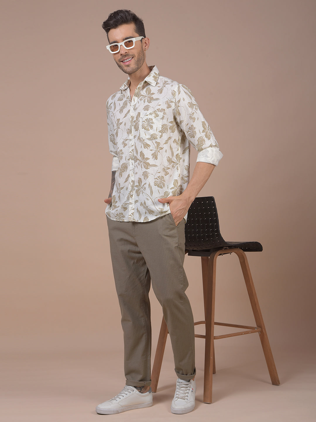 Khaki Floral Print Linen Shirt