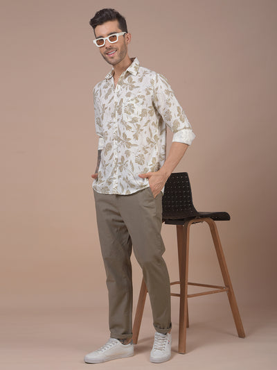 Khaki Floral Print Linen Shirt