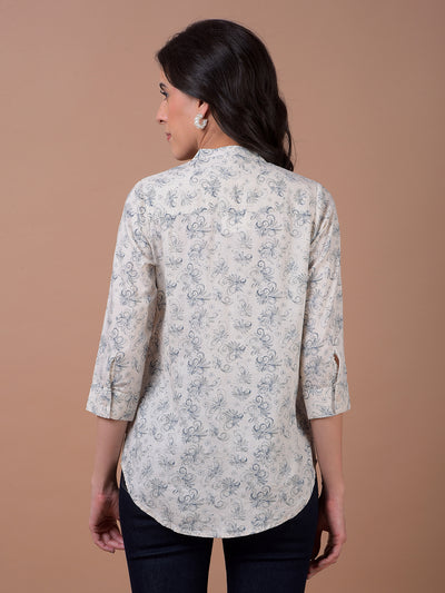 Beige Floral Print V-Neck Linen Top