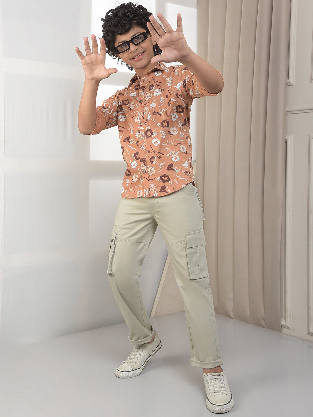 Brown Cotton Floral Print Shirt