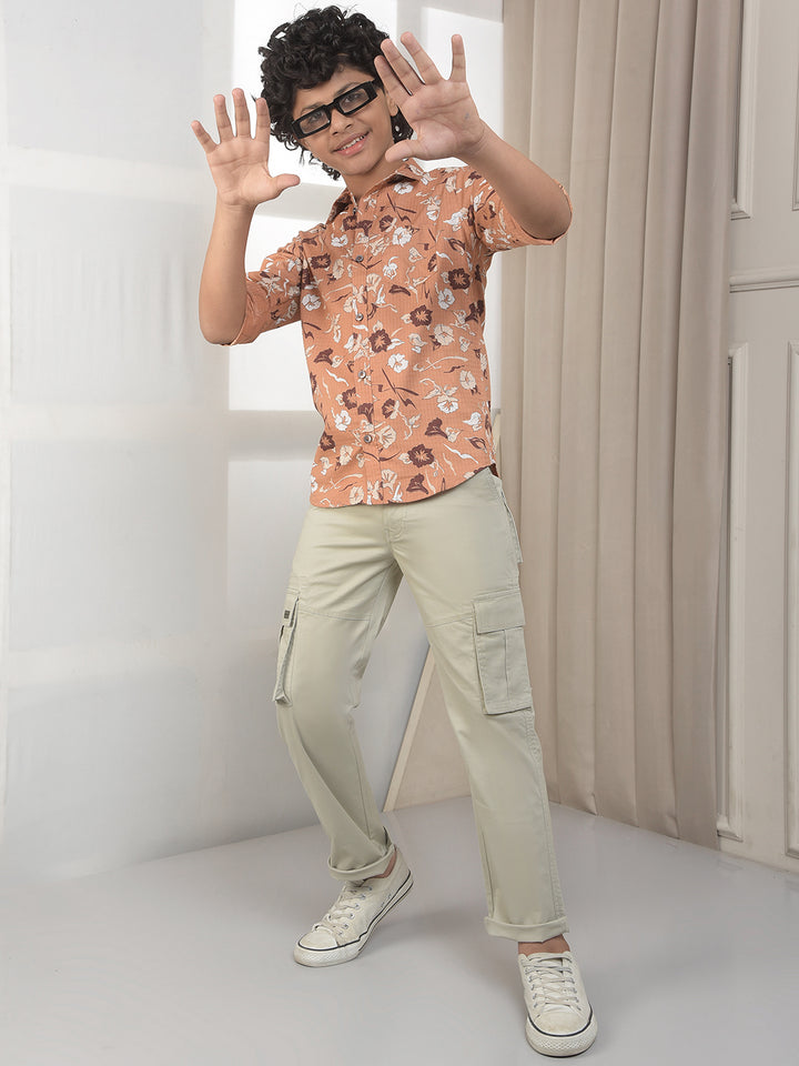 Brown Cotton Floral Print Shirt