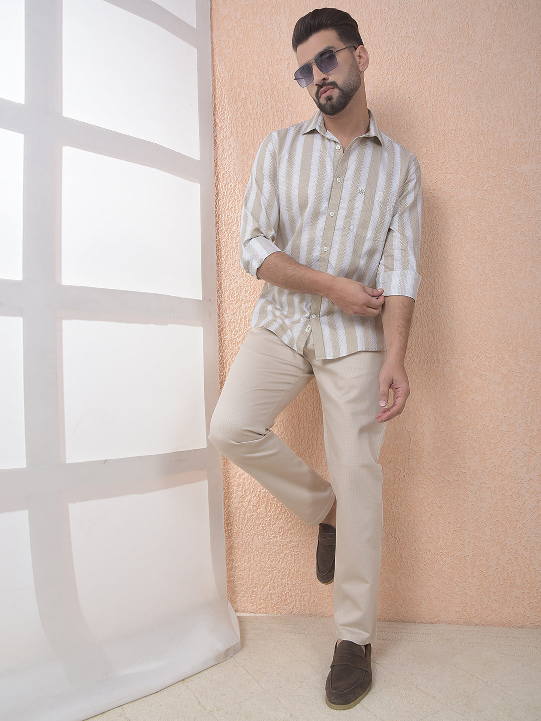 Beige Textured Casual Trousers