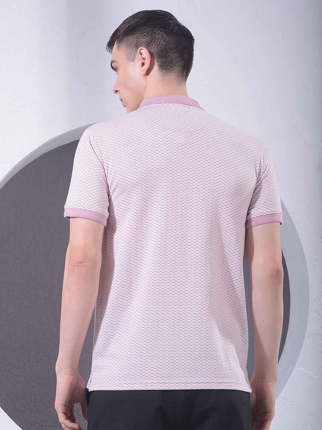 Pink Printed Polo Neck T-Shirt with Zip Closure