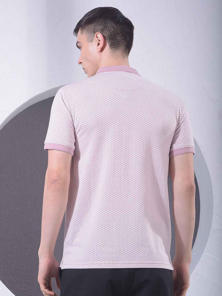 Pink Printed Polo Neck T-Shirt with Zip Closure