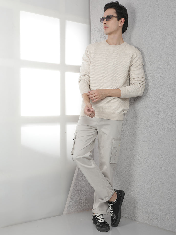 Beige 100% Cotton Textured Round Neck Sweater