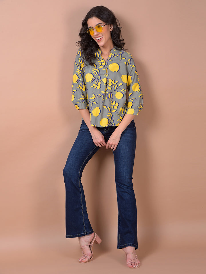 Yellow Floral Print V-Neck Top
