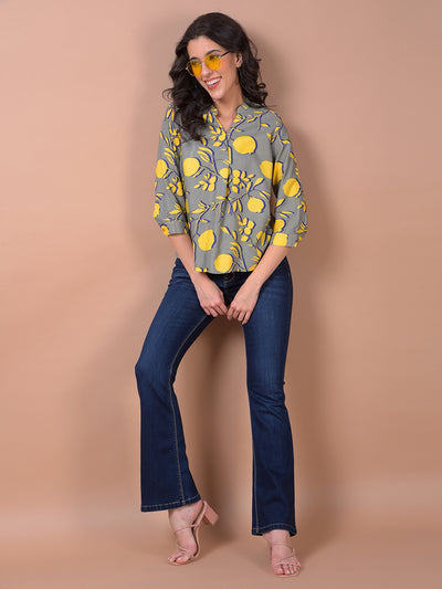 Yellow Floral Print V-Neck Top
