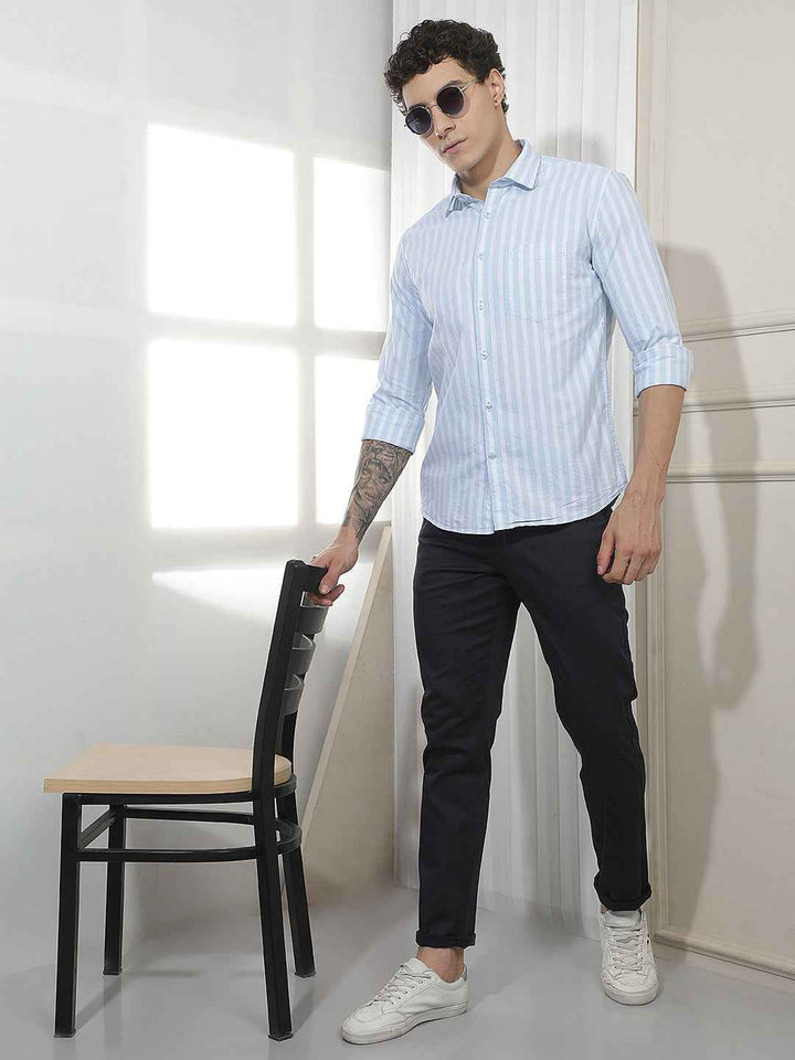 Sky Blue Vertical Striped 100% Cotton Shirt