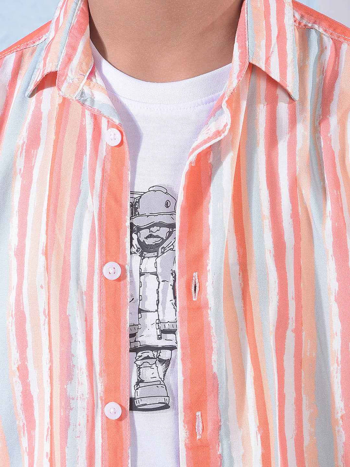 Peach Vertical Striped Layered Shirt with T-Shirt