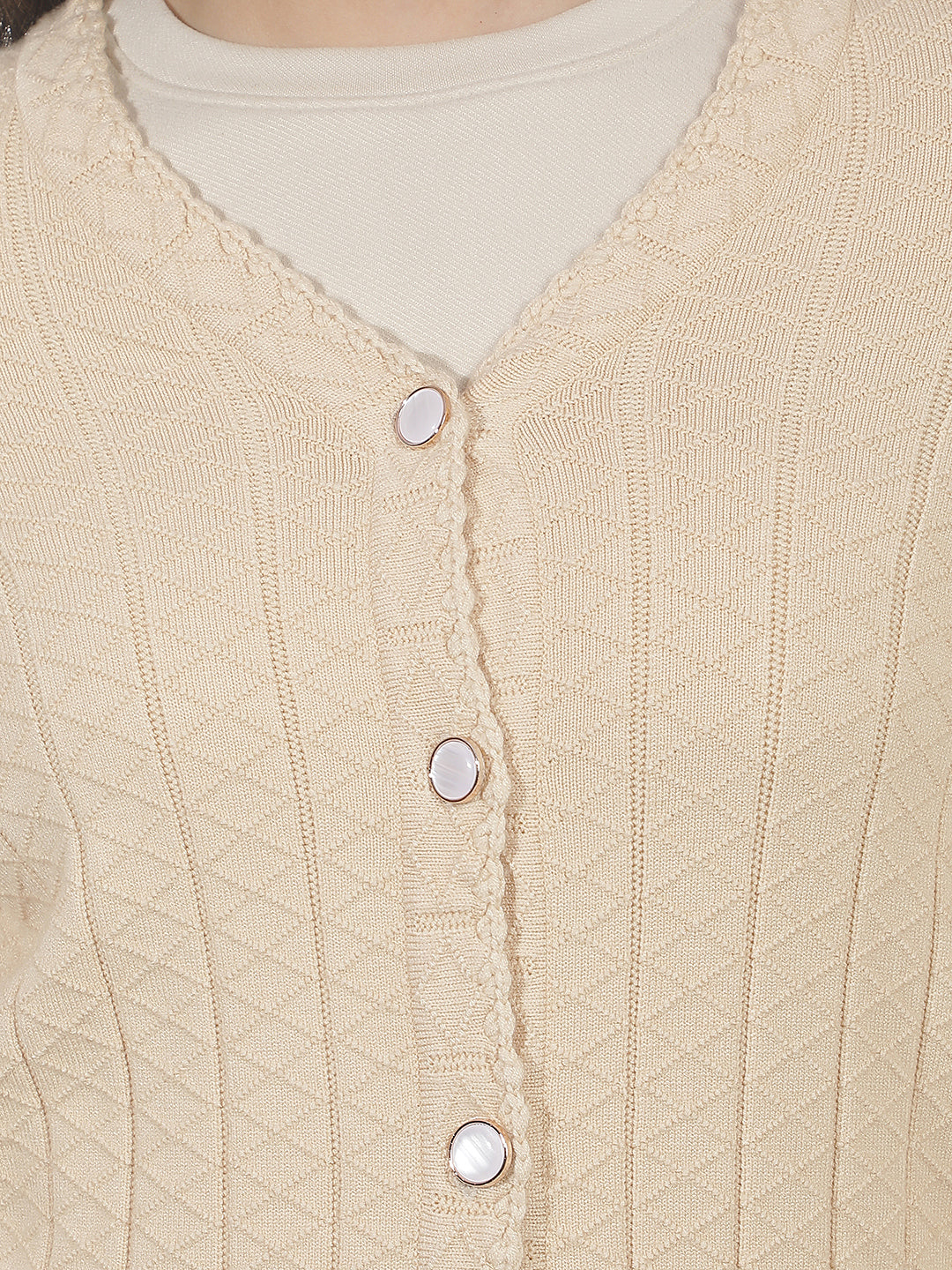 Beige Jacquard V-neck Cardigan