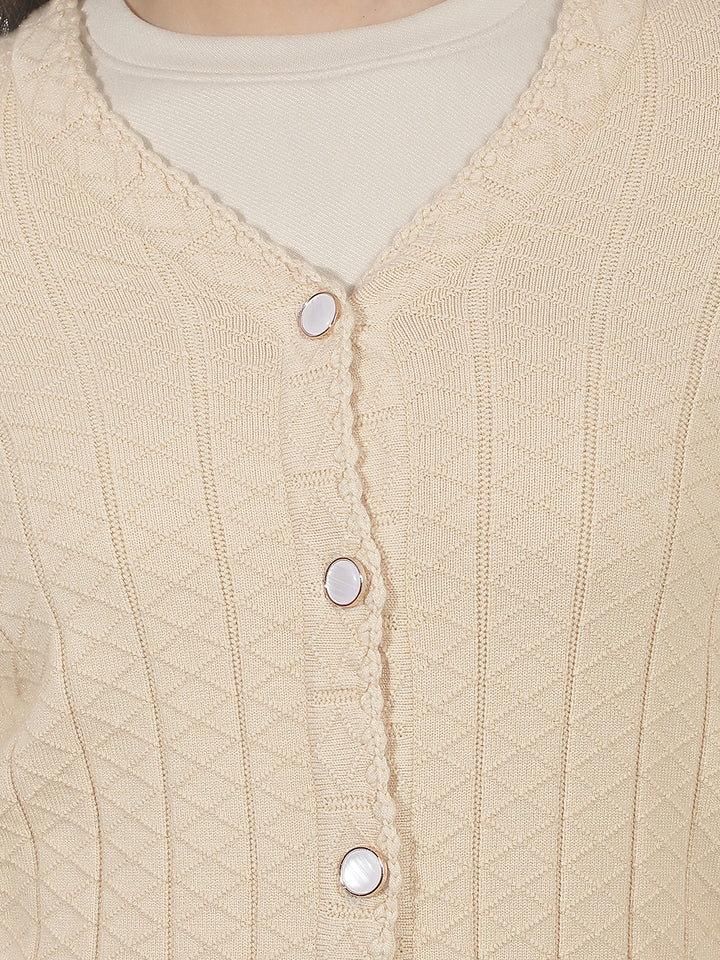 Beige Jacquard V-neck Cardigan