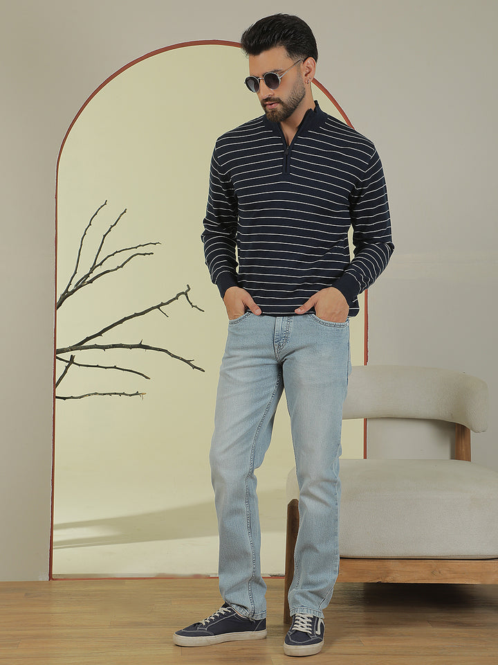 Navy Blue Horizontal Stripes Mock Neck Sweater