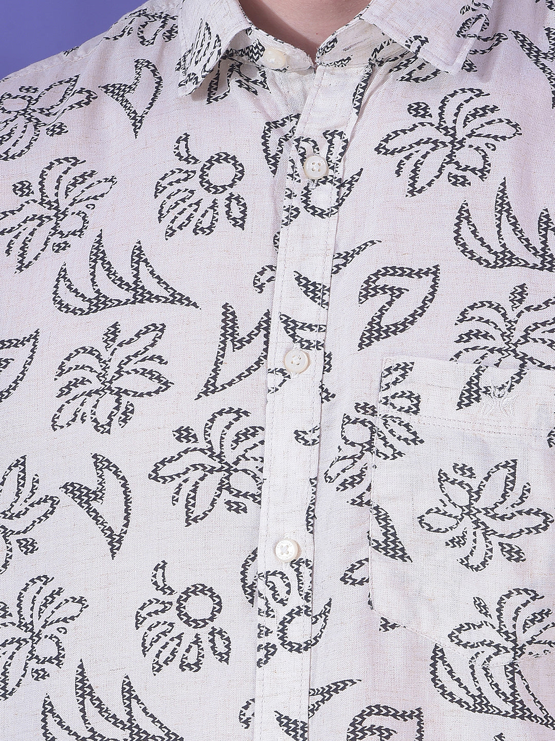 Beige Floral Print Linen Shirt