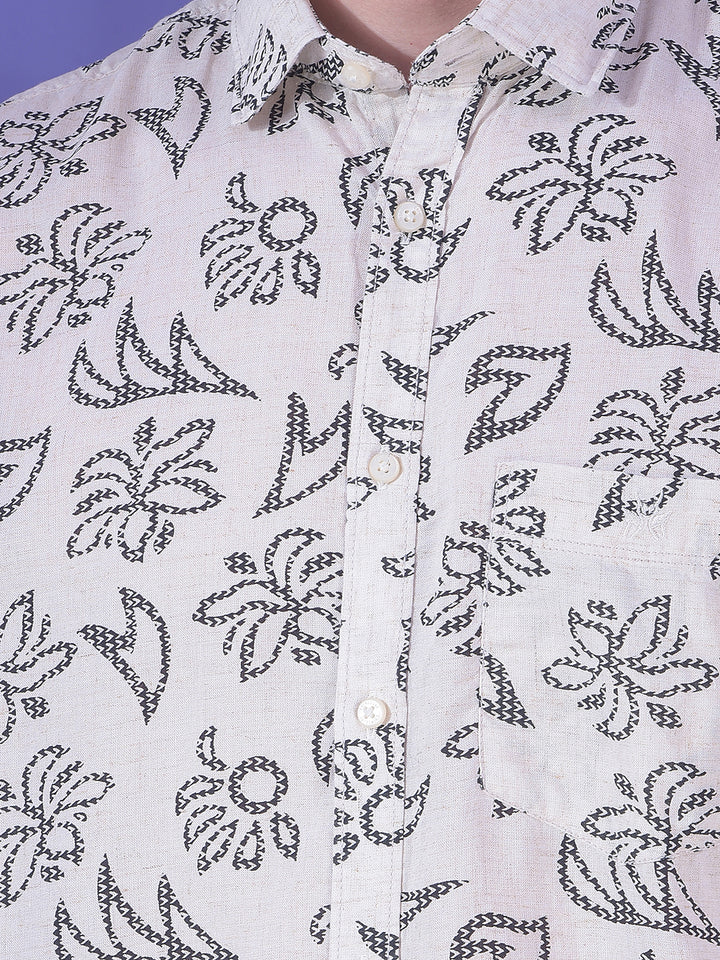 Beige Floral Print Linen Shirt