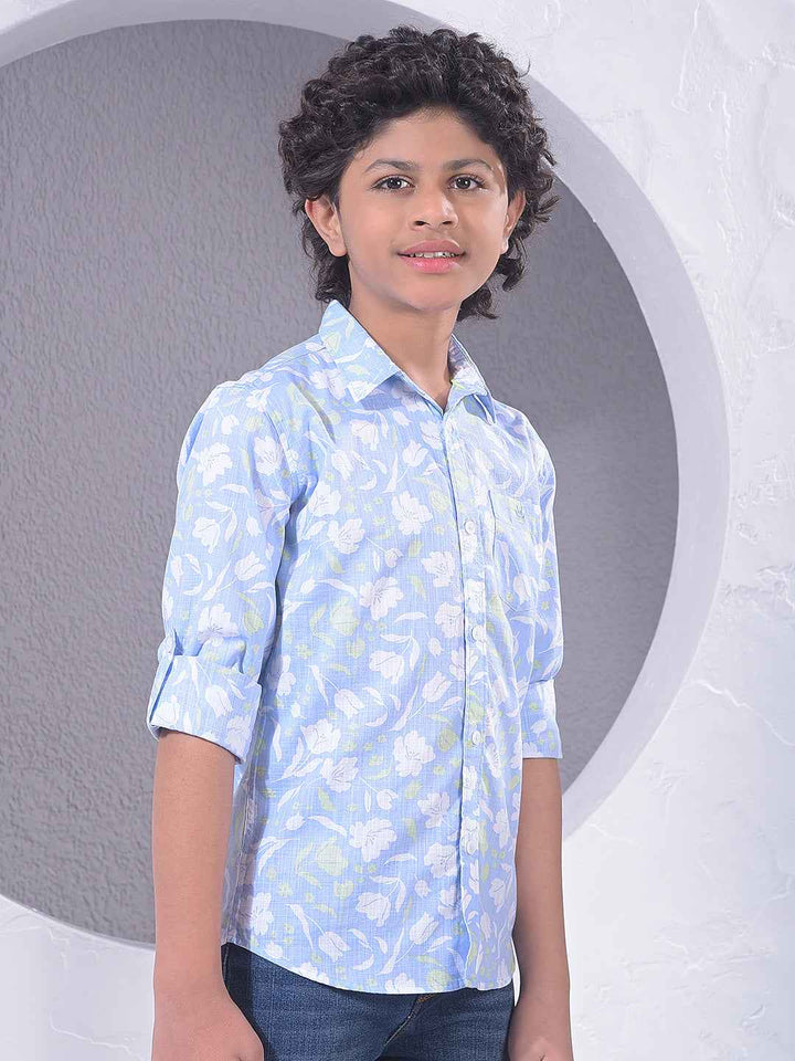 Blue Floral Print 100% Cotton Shirt