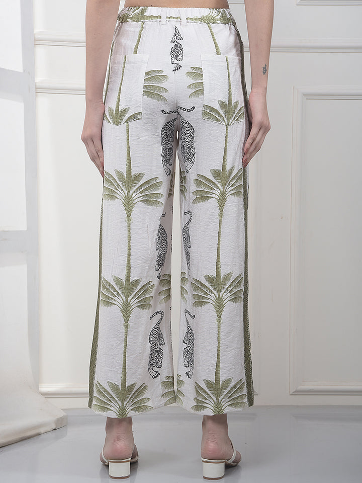 Green Floral Print Wide Leg Casual Trousers