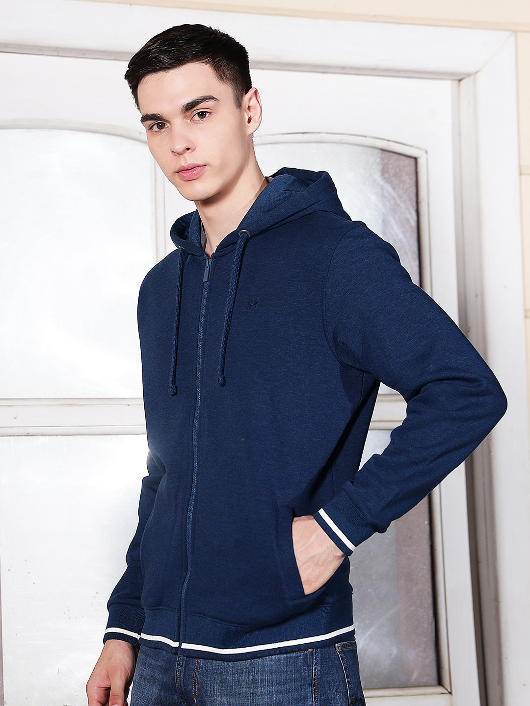Blue Hooded Neck Front Open Sweatshirt