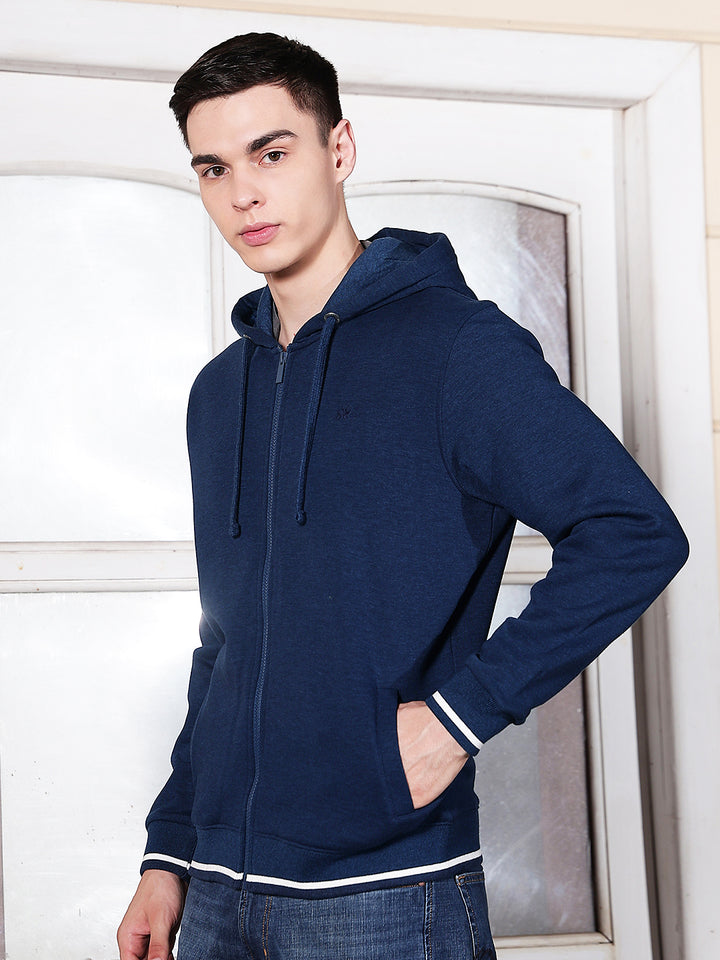 Blue Hooded Neck Front Open Sweatshirt