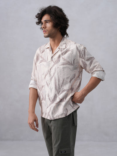Beige Floral Print Resort-Collar Shirt