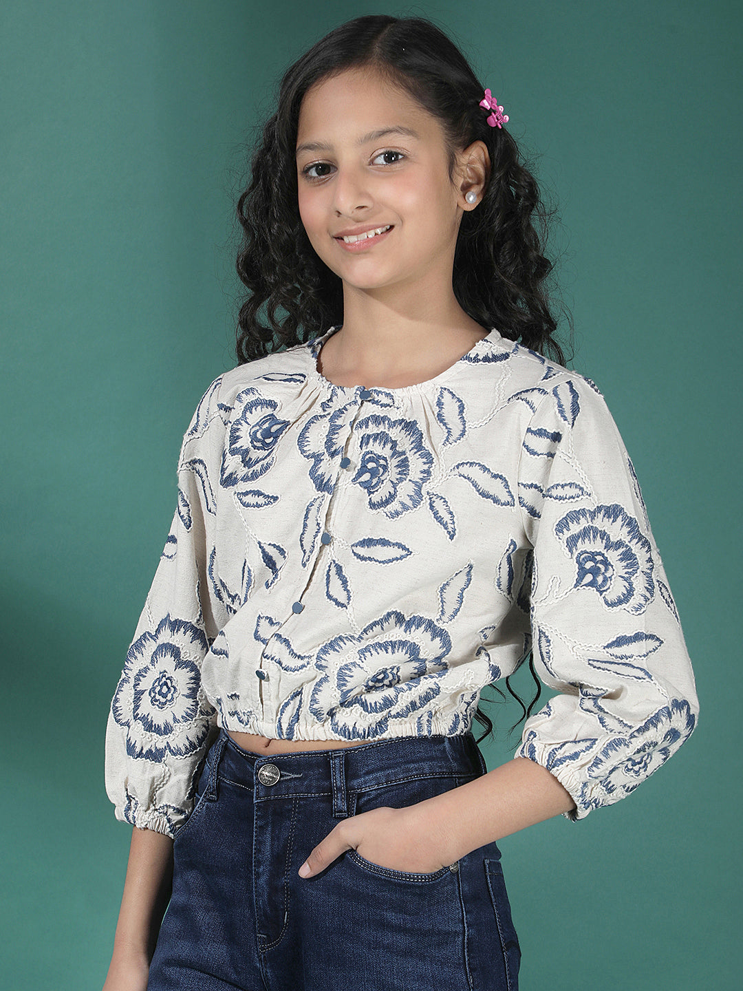 Blue Embroidered Linen Crop-Top