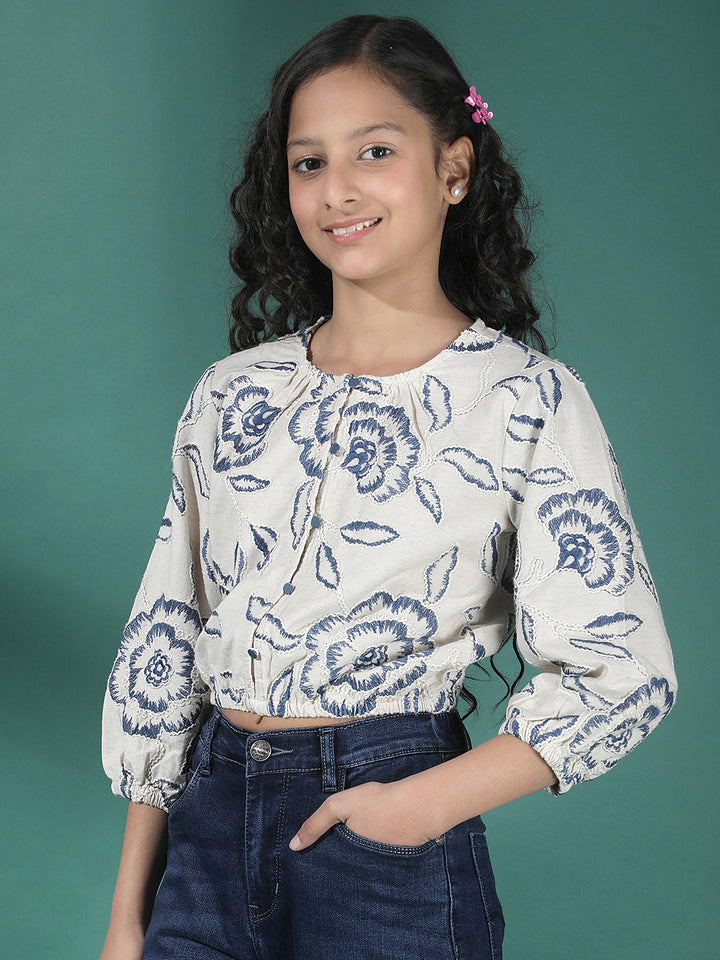 Blue Embroidered Linen Crop-Top