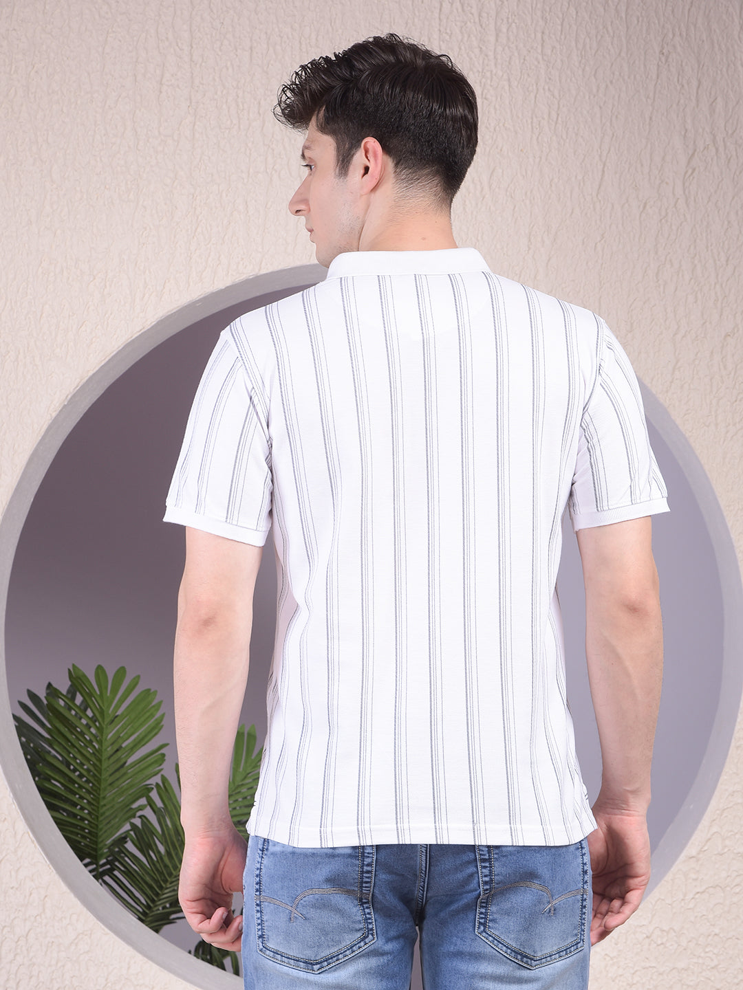 White Vertical Stripes Polo Neck T-Shirt-Men T-Shirts-Crimsoune Club