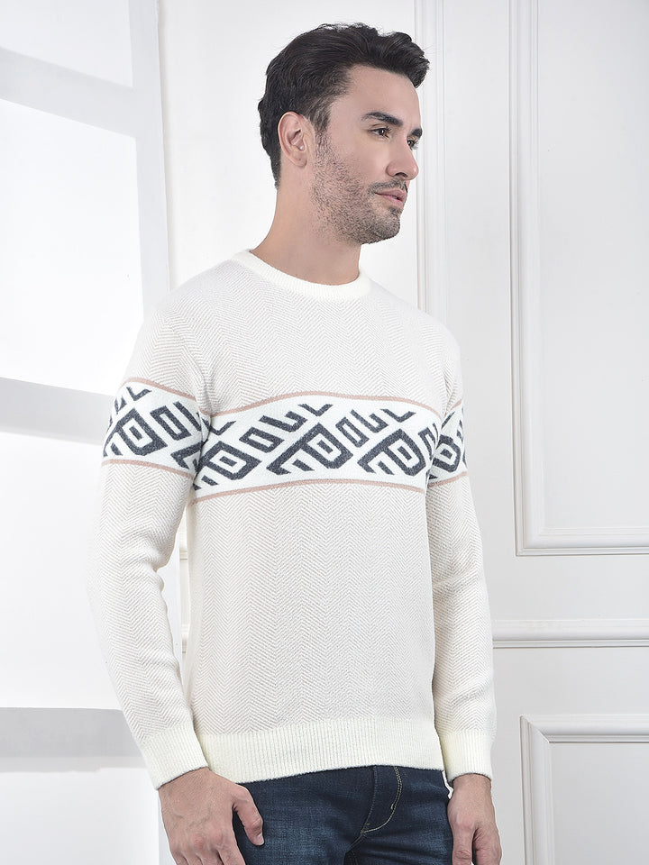 Cream Geometric Printed Pullover Sweater