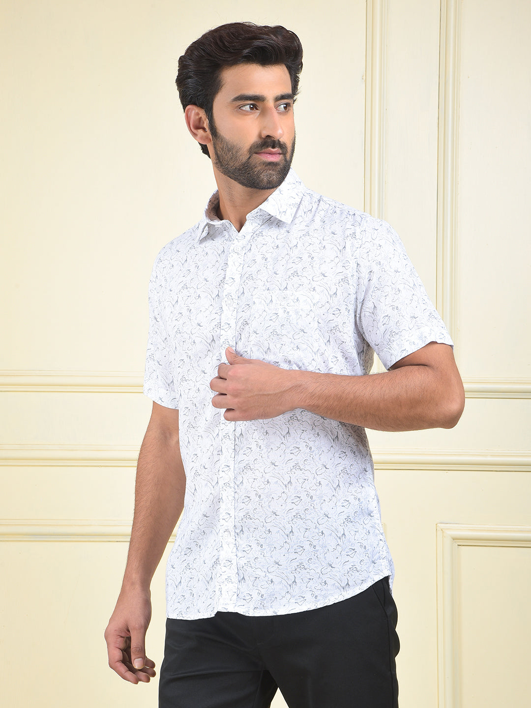 White Floral Print Linen Shirt