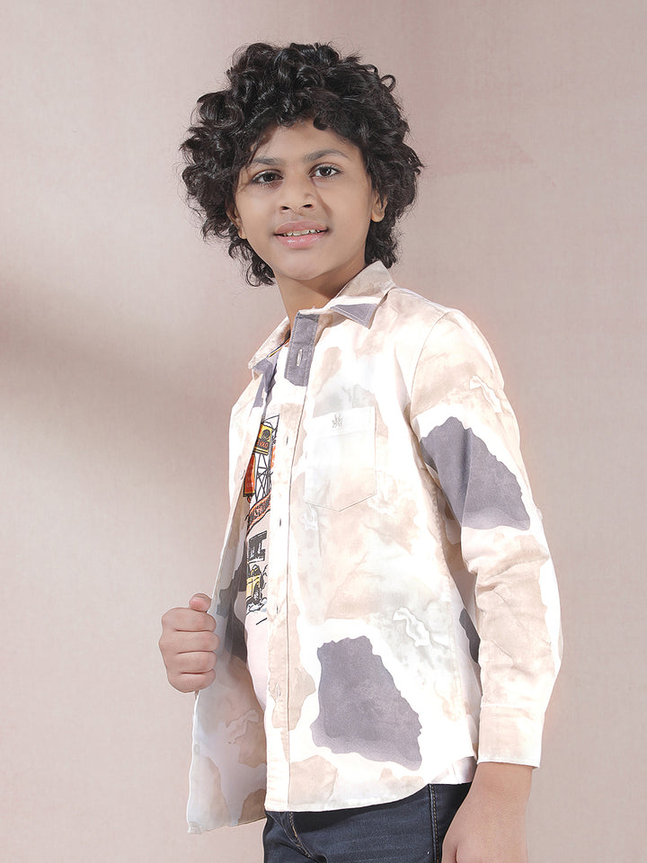 Beige Abstract Print Shirt & T-Shirt Set