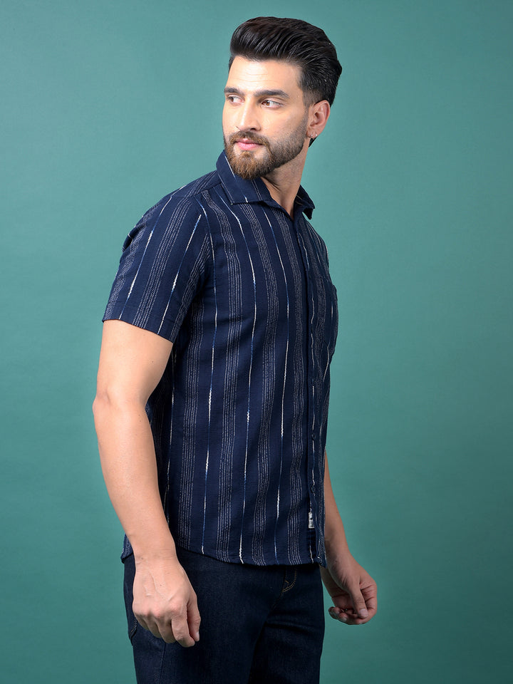 Navy Blue Vertical Stripes 100% Cotton Shirt-Men Shirts-Crimsoune Club