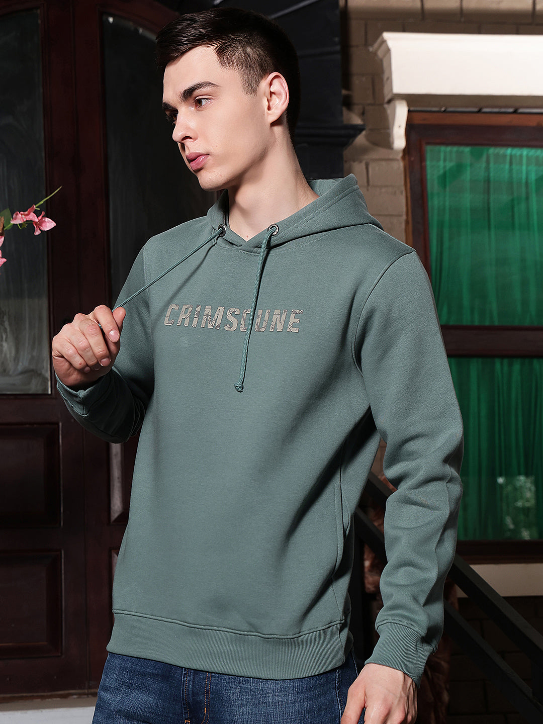 Green Typographic Print Hooded Neck Sweatshirt