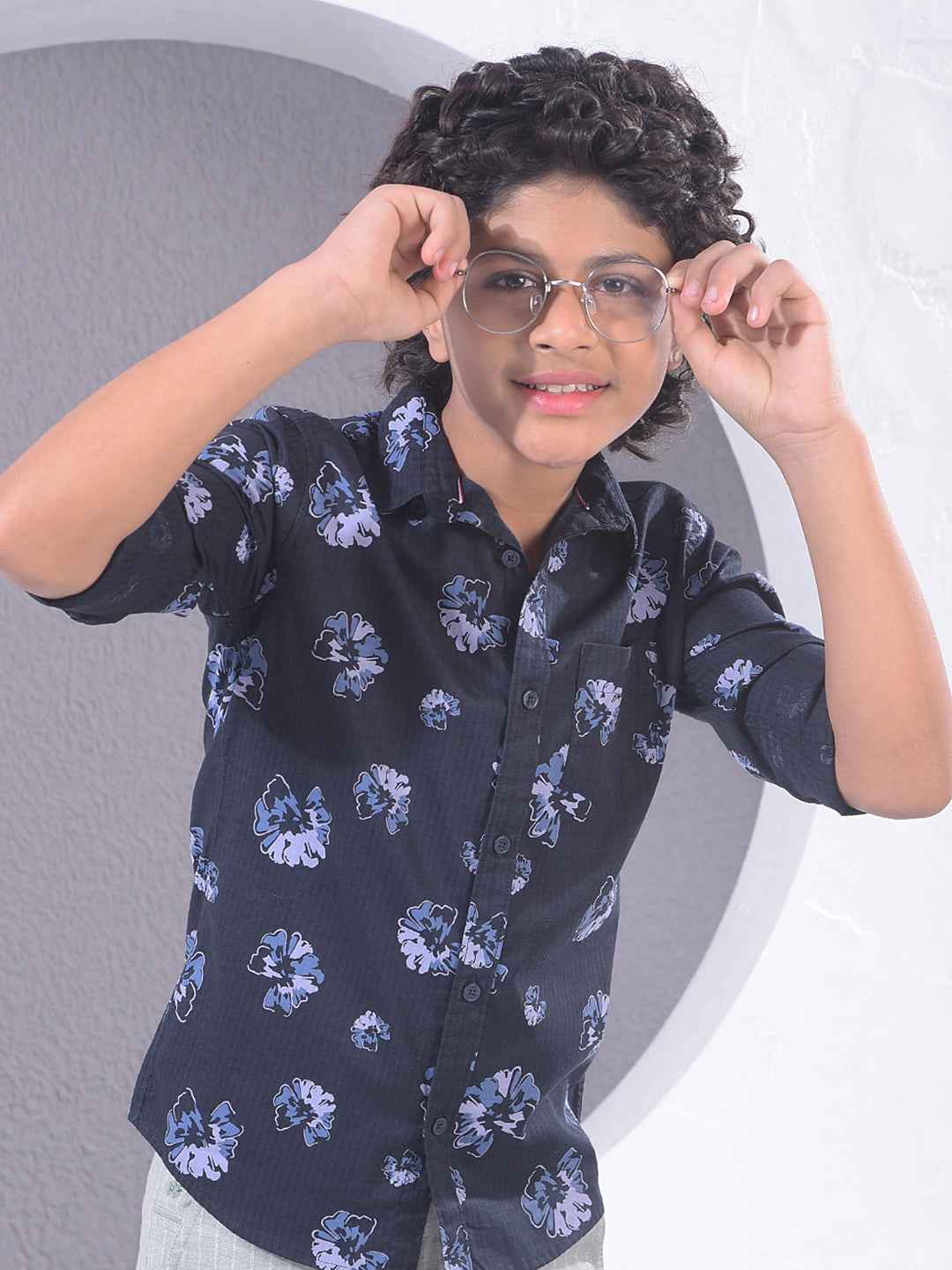 Navy Blue Floral Print Shirt