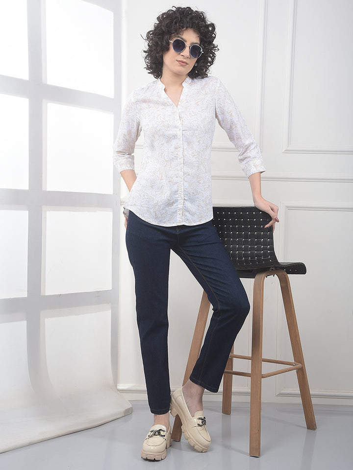 Beige Floral Print Linen Shirt