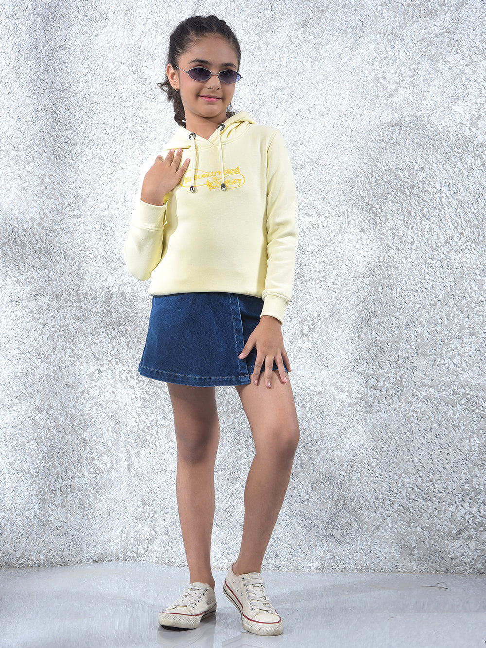 Yellow Graphic Print Hooded Neck Knitted Sweatshirt