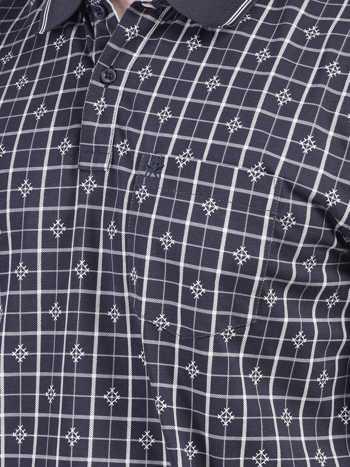 Navy Blue Printed Polo-Neck T-Shirt