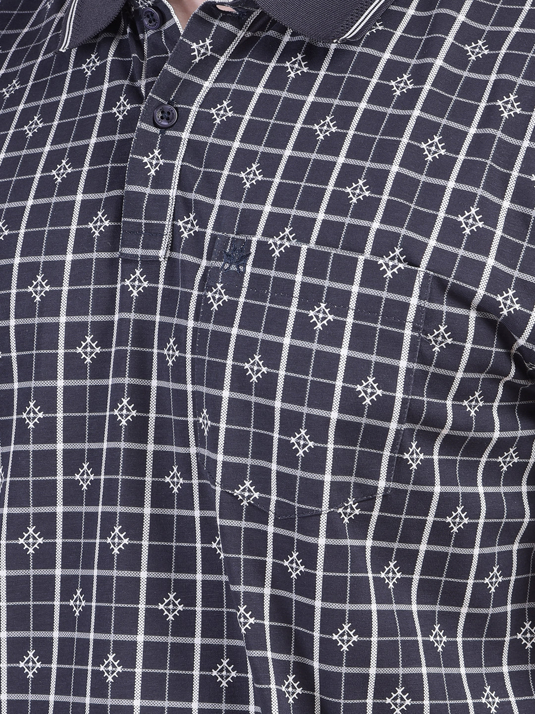 Navy Blue Printed Polo-Neck T-Shirt
