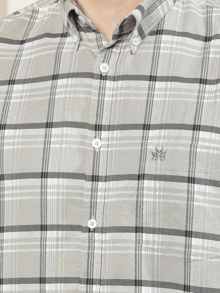 Grey Checked Button-Down Collar 100% Cotton Shirt