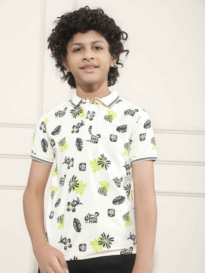 Tropical Print Cream Polo T-Shirt