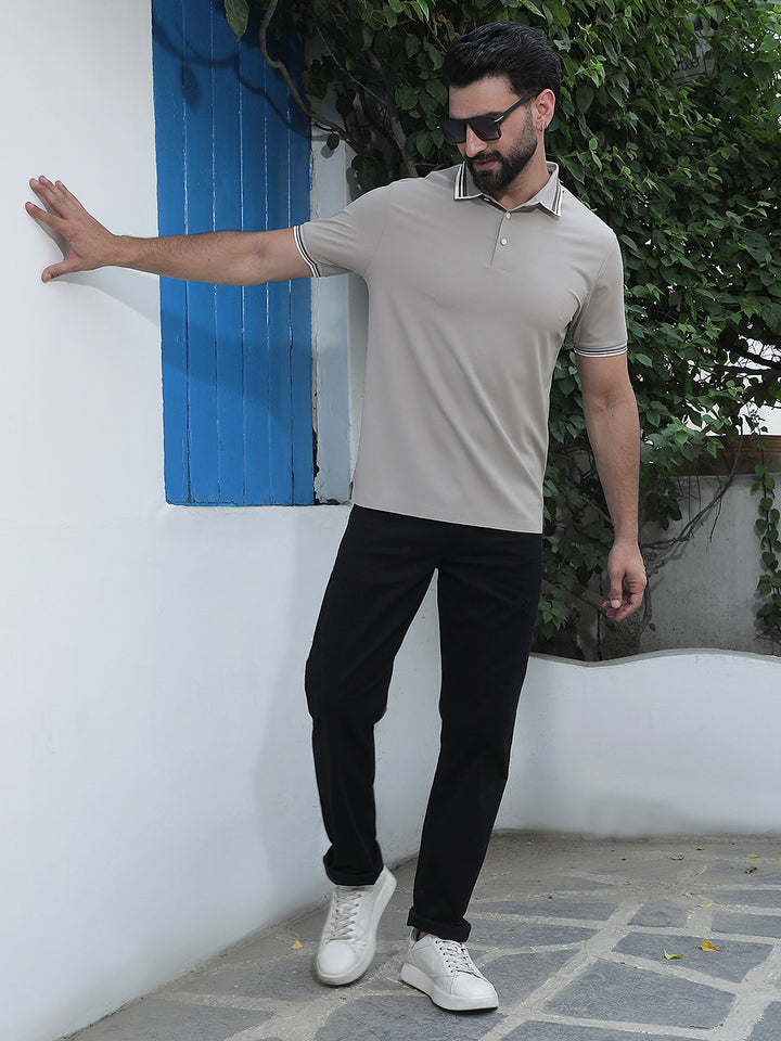 Beige Polo Neck Knitted T-Shirt
