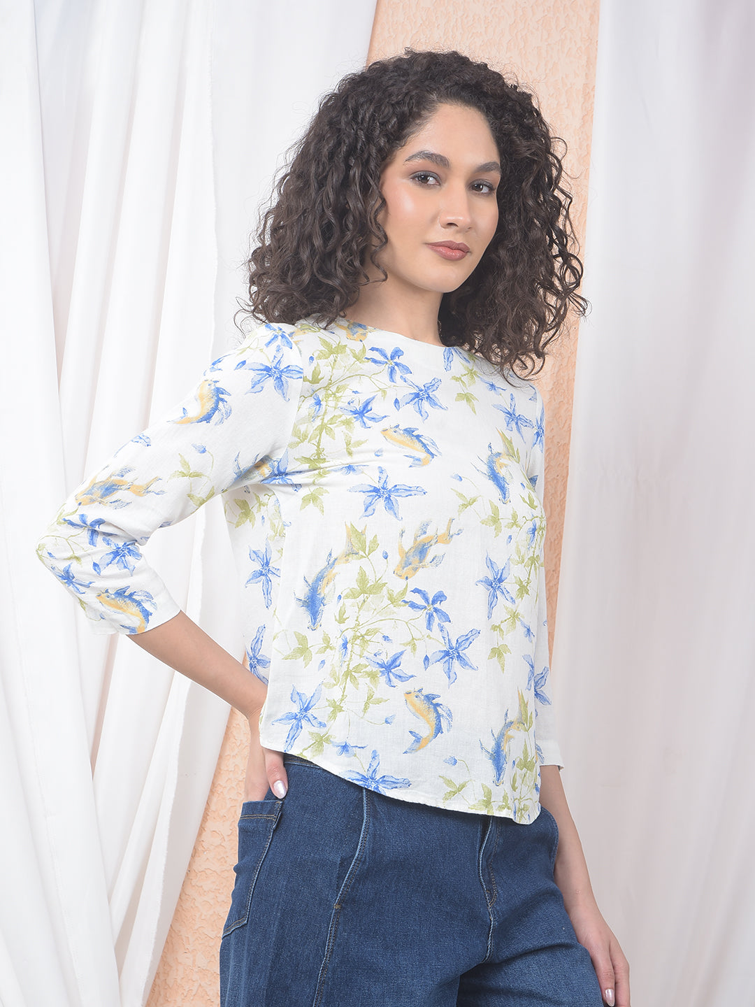 Blue Floral Printed Linen Top