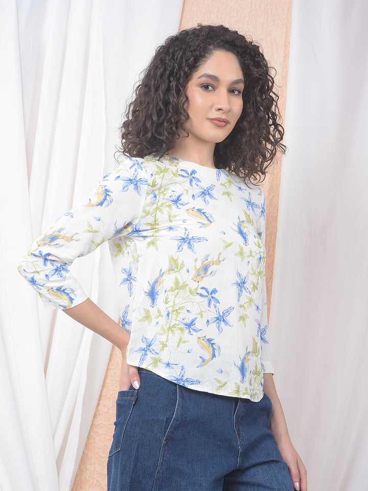 Blue Floral Printed Linen Top