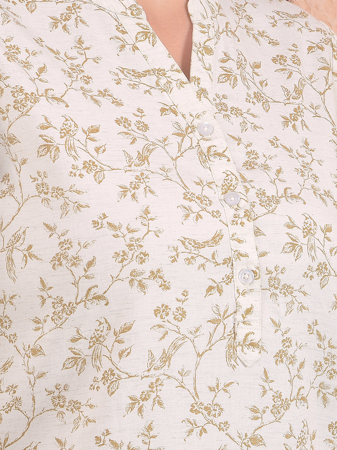 Olive Floral Print V-Neck Linen Top