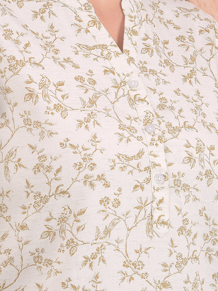 Olive Floral Print V-Neck Linen Top
