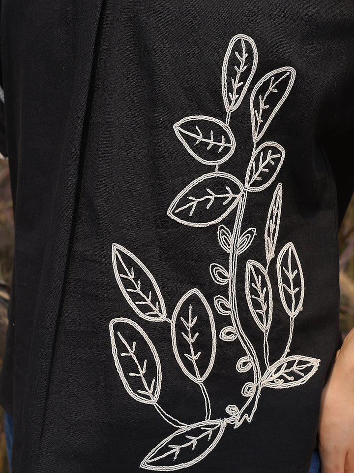 Cotton Black Embroidered Longline Top