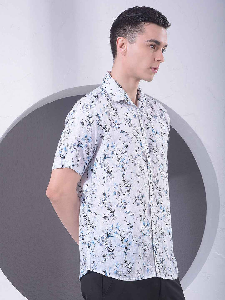 Blue Floral Print Linen Shirt